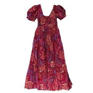 Farm Rio Anthropologie Puff-Sleeve Smocked Maxi Dress Red Medium